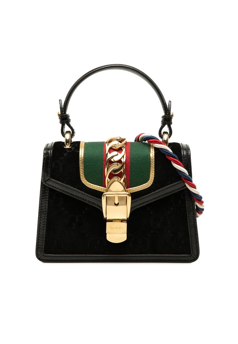 Gucci Pre-Loved Gucci Mini Gg Velvet Web Sylvie Top Handle Bag