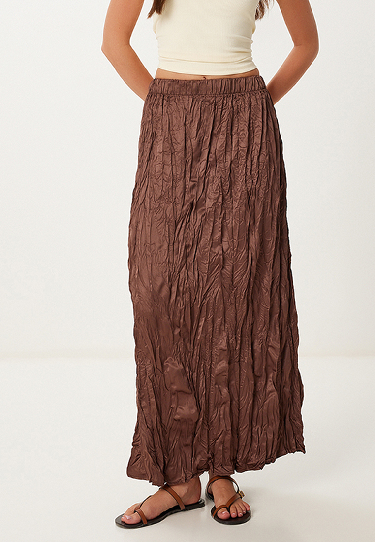 Happiness Istanbul Women's Brown Wrinkle Effect Satin Surface Skirt Mx00218