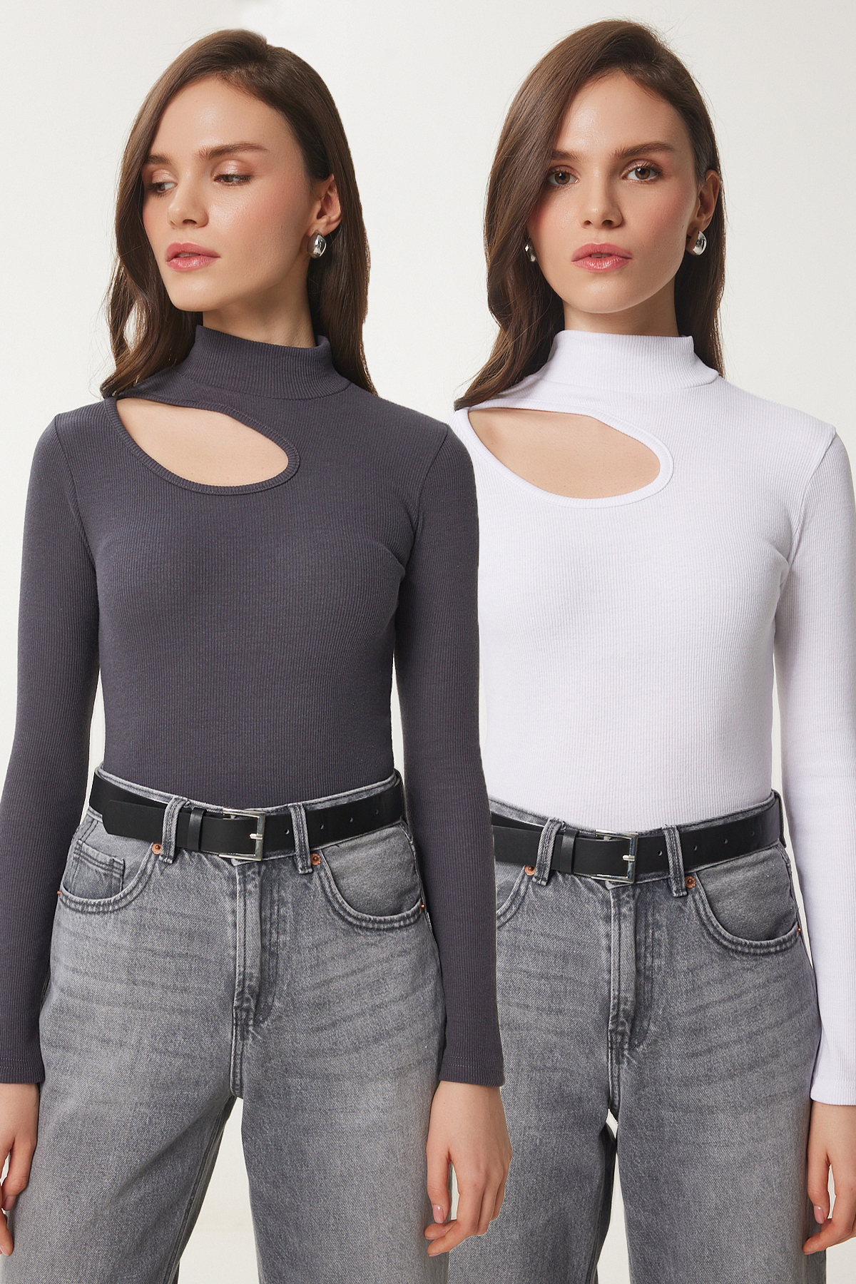 Happiness Istanbul Women'S Anthracite White 2-Pack Cut Out Detailed Ribbed Knitted Blouse Gt00235