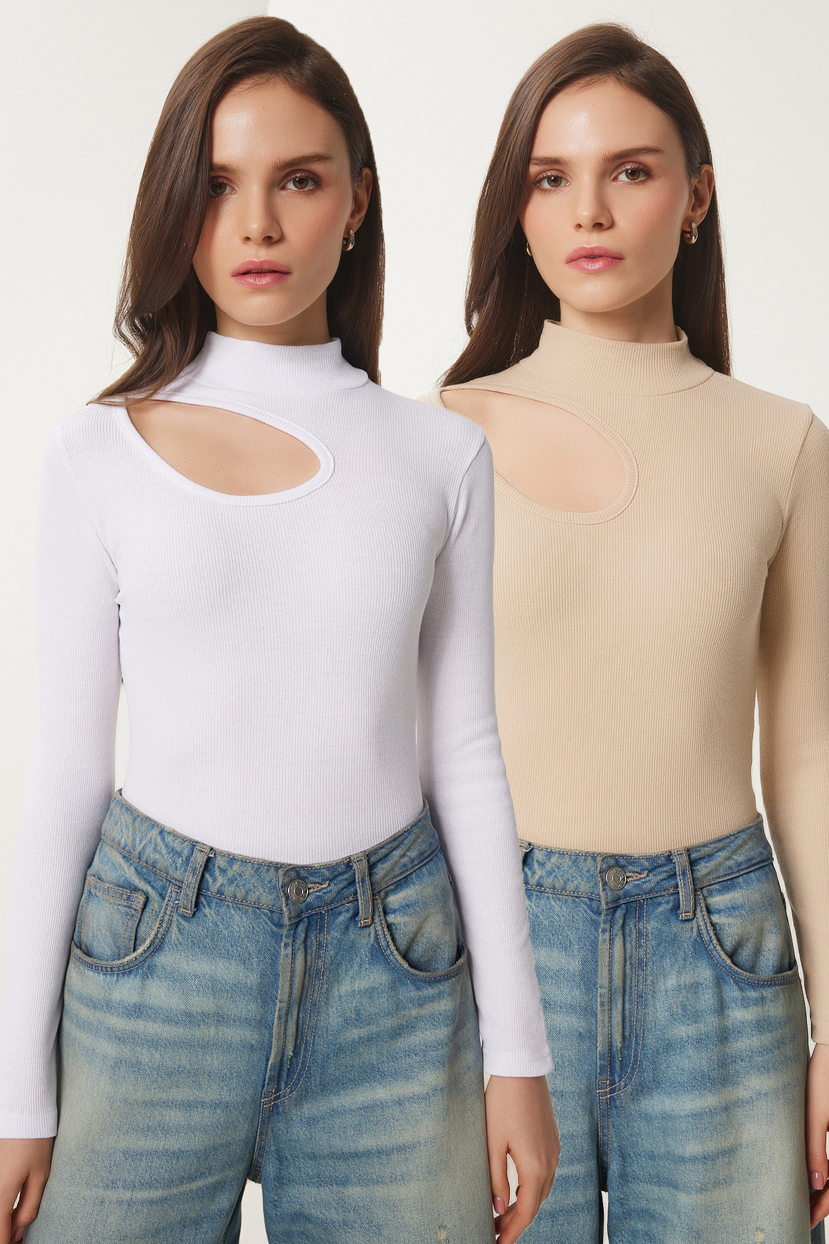 Happiness Istanbul Women'S Cream White 2-Pack Cut Out Detailed Ribbed Knitted Blouse Gt00235