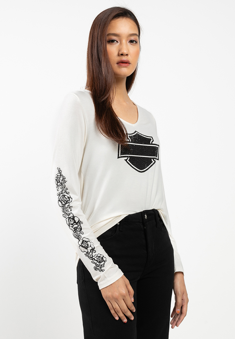 Harley-Davidson Harley-Davidson® Women's Bling Chrome & Roses Long Sleeve Laced Back V Neck Tee - Cl