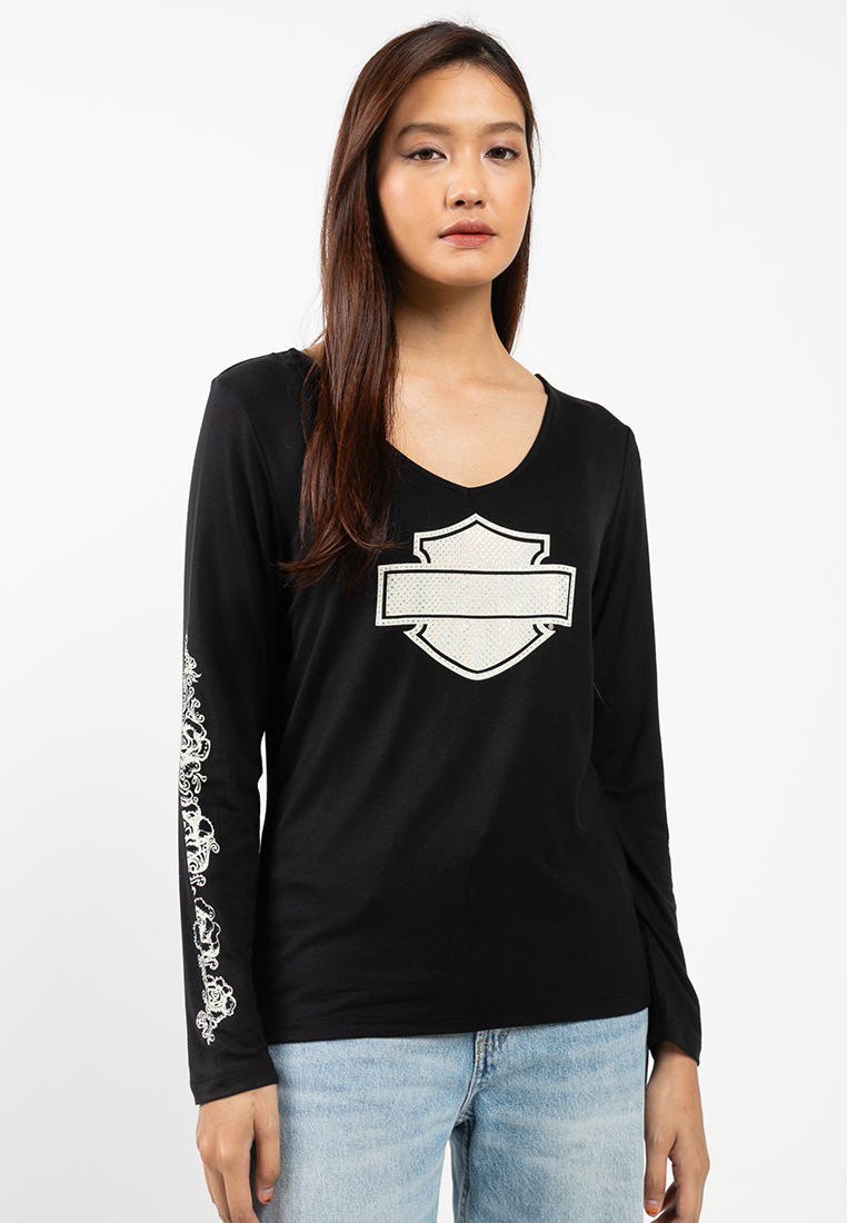 Harley-Davidson Harley-Davidson® Women's Bling Chrome & Roses Long Sleeve Laced Back V Neck Tee - Ha