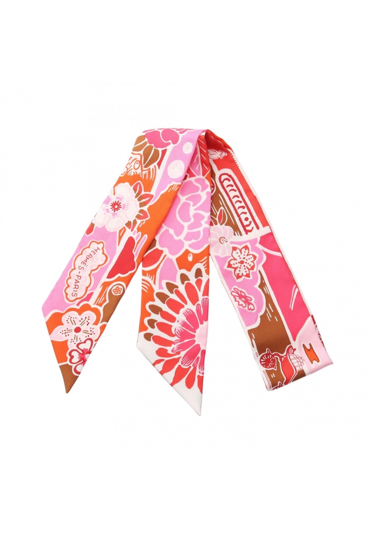 Hermès Pre-Loved Hermès twilly BINGATA ribbon scarf silk pink orange multicolor