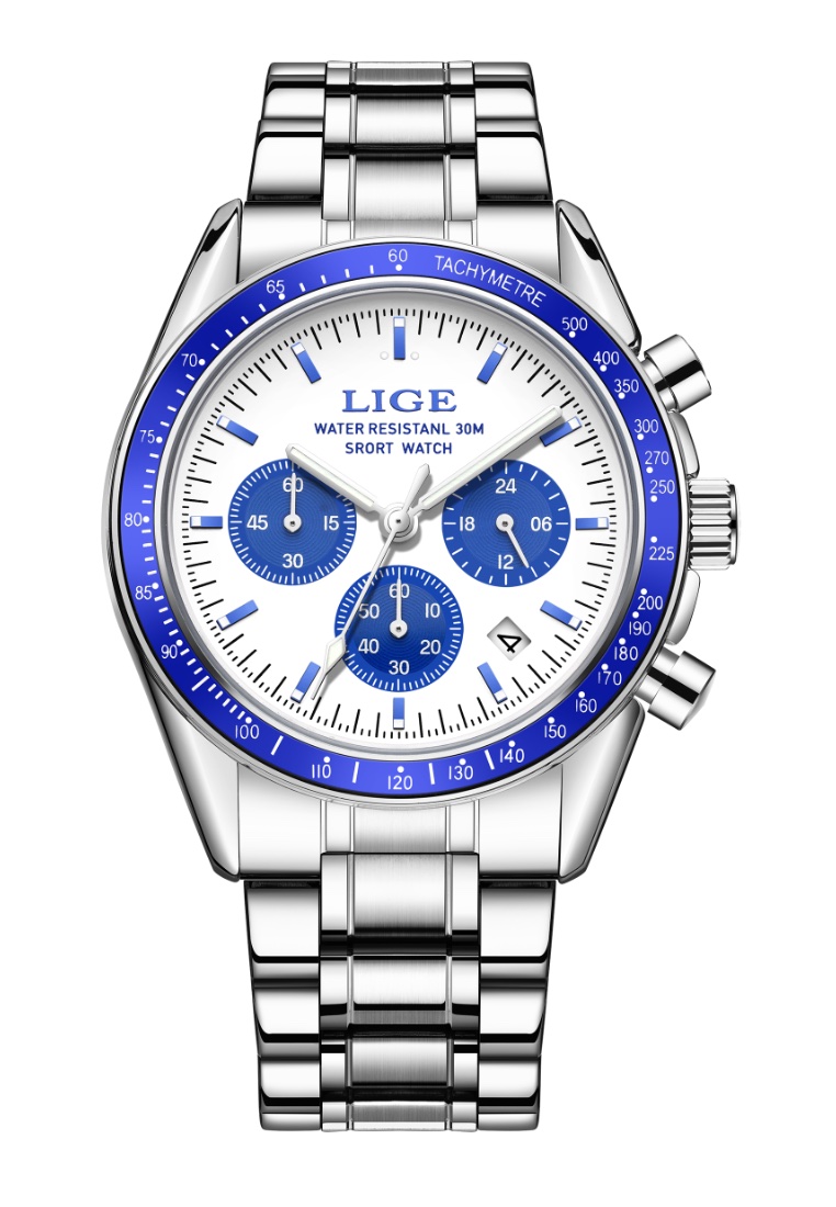 LIGE Chronograph Stainless Steel Quartz Watch, 42mm, Metal Bracelet