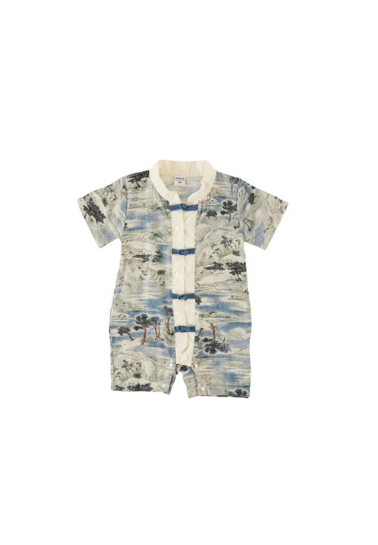 Little Kooma Chinese Landscape Painting Mountains Trees Houses Baby Boy Cheongsam Romper 0840