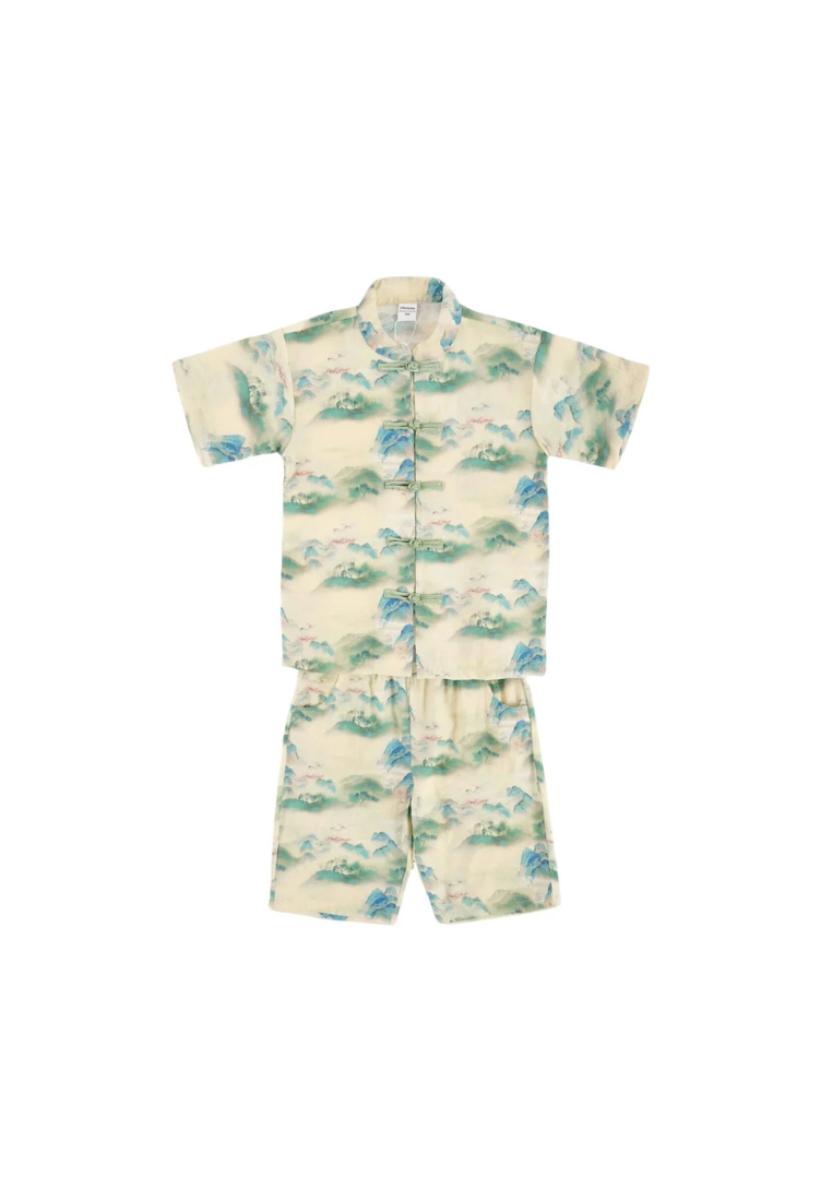 Little Kooma Chinese Landscape Painting Mountains Trees Baby Kids Boys Cheongsam Set Top n Shorts CN
