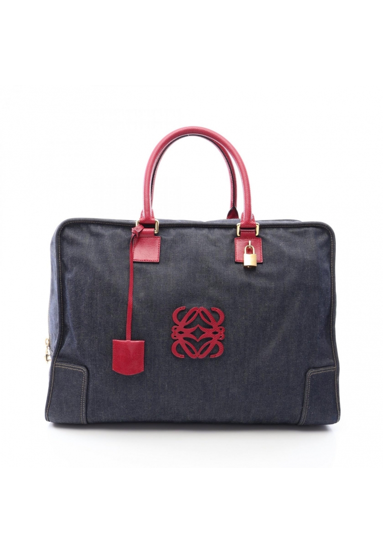 LOEWE Pre-Loved LOEWE Amazona 50 Boston bag denim leather Navy Bordeaux
