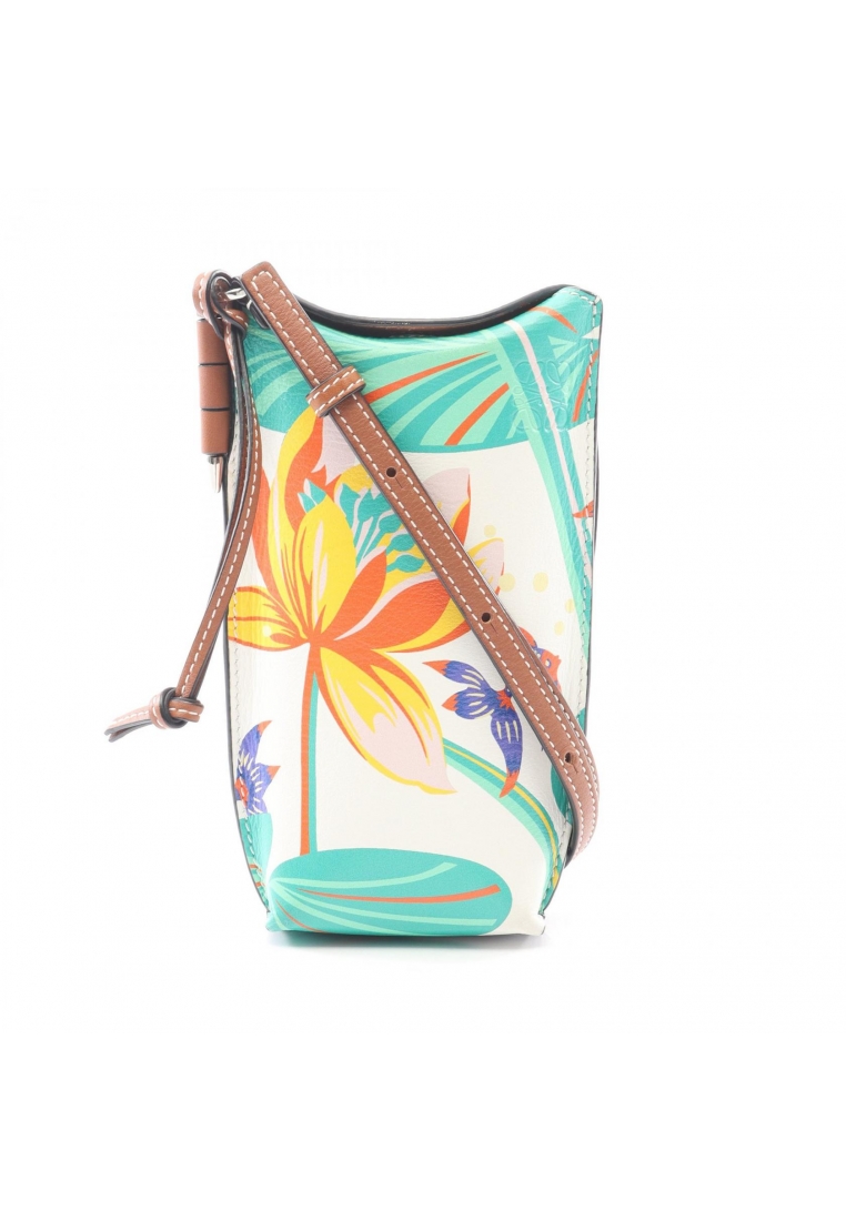 LOEWE Pre-Loved LOEWE PAULA GATE POCKET WATERLILY gate pocket Shoulder bag leather white Brown multi