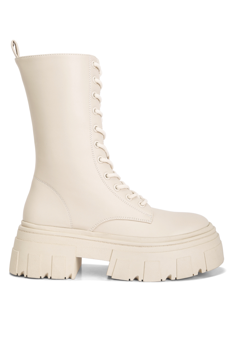 London Rag Ecru Faux Leather Combat Chunky Boots