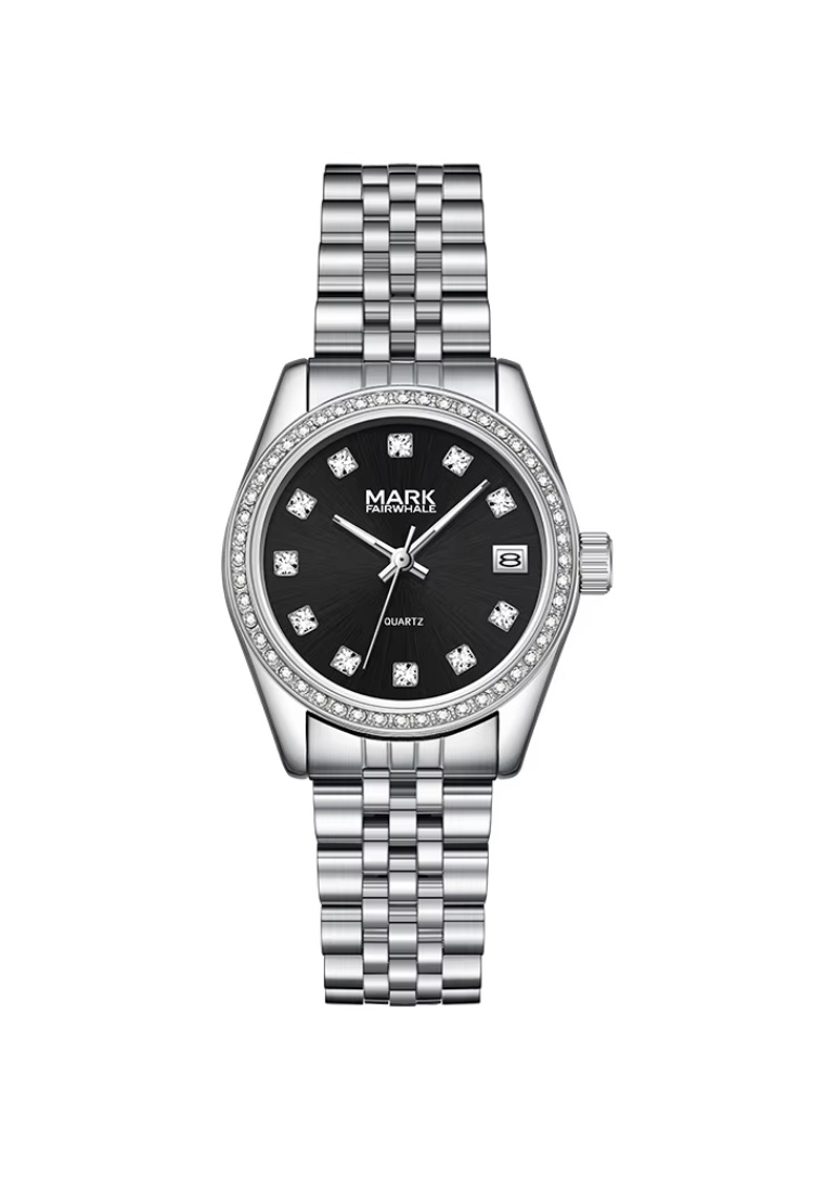 Mark Fairwhale Ladies Stainless Steel Quartz Watch, 32mm, Black Dial with 12 Crystals, Metal Bracele