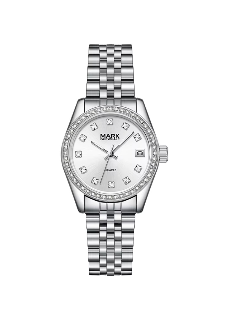 Mark Fairwhale Ladies Stainless Steel Quartz Watch, 32mm, Silver Dial with 12 Crystals, Metal Bracel