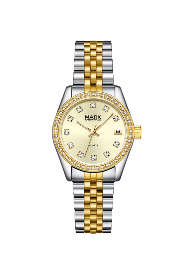 Mark Fairwhale Ladies Stainless Steel Quartz Watch, 32mm, Gold Color Dial with 12 Crystals, Metal Br