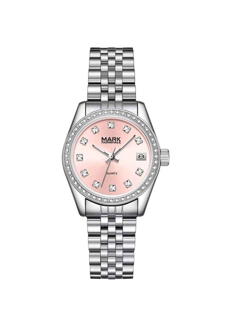 Mark Fairwhale Ladies Stainless Steel Quartz Watch, 32mm, Pink Dial with 12 Crystals, Metal Bracelet