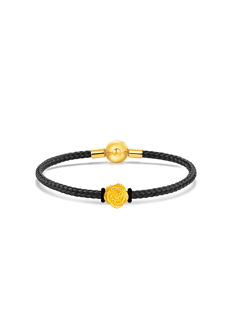 MJ Jewellery THE Mix Collection 999.9/24K Pure Gold Rose Charm Black Steel Wire Clasp Bracelet Set L