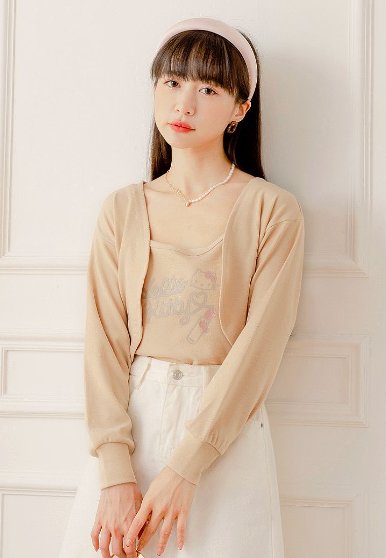 OBSTYLE HELLO KITTY Two-Piece Set: Cropped Drop Shoulder Long Sleeve Jacket + Heart & Letter Print S