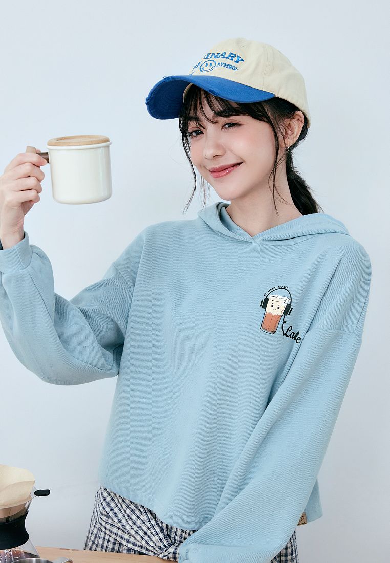 OBSTYLE Latte Print Puff Sleeve Cropped Hoodie [IG0025]