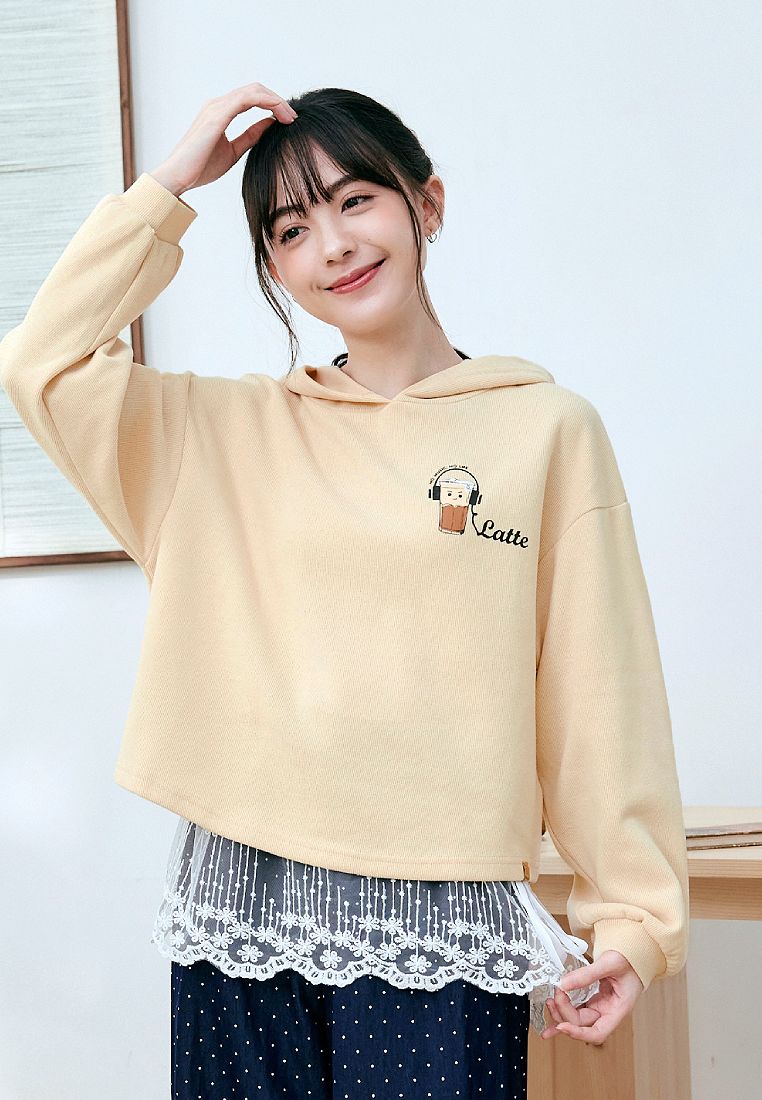 OBSTYLE Latte Print Puff Sleeve Cropped Hoodie [IG0025]