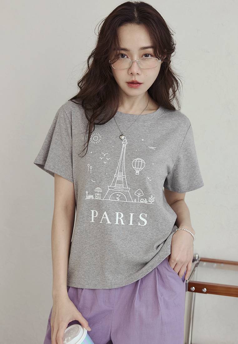OBSTYLE Eiffel Tower Illustration Print Short Sleeve T-Shirt [AB20401]