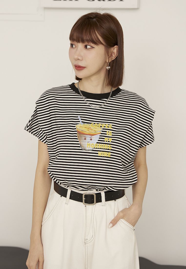 OBSTYLE Pleated Shoulder Stripe Tee with Latte Print [IG0043]