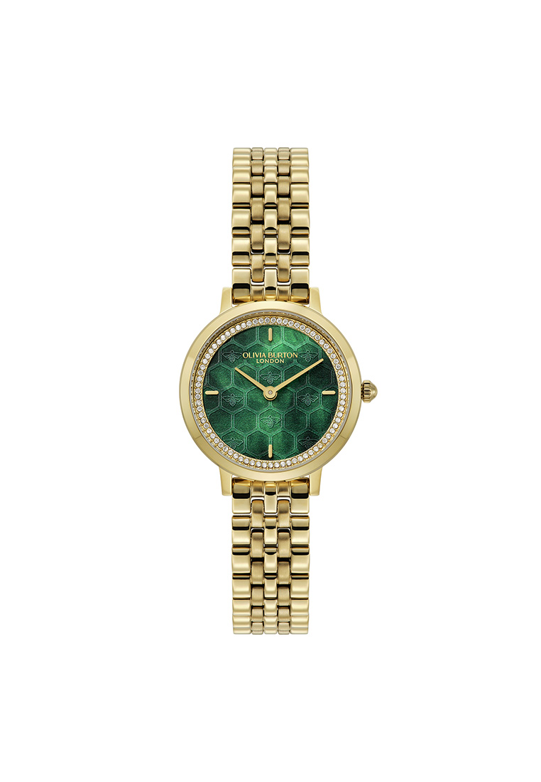 Olivia Burton ULTRA SLIM HONEYCOMB Women's Watch IONIC PLATED THIN GOLD STEEL Strap - Green Dial 240