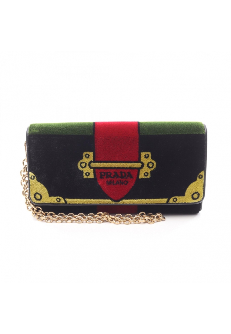 PRADA Pre-Loved Prada VELLUTO RICAMO Bi-fold Long Wallet Velor leather black multicolor