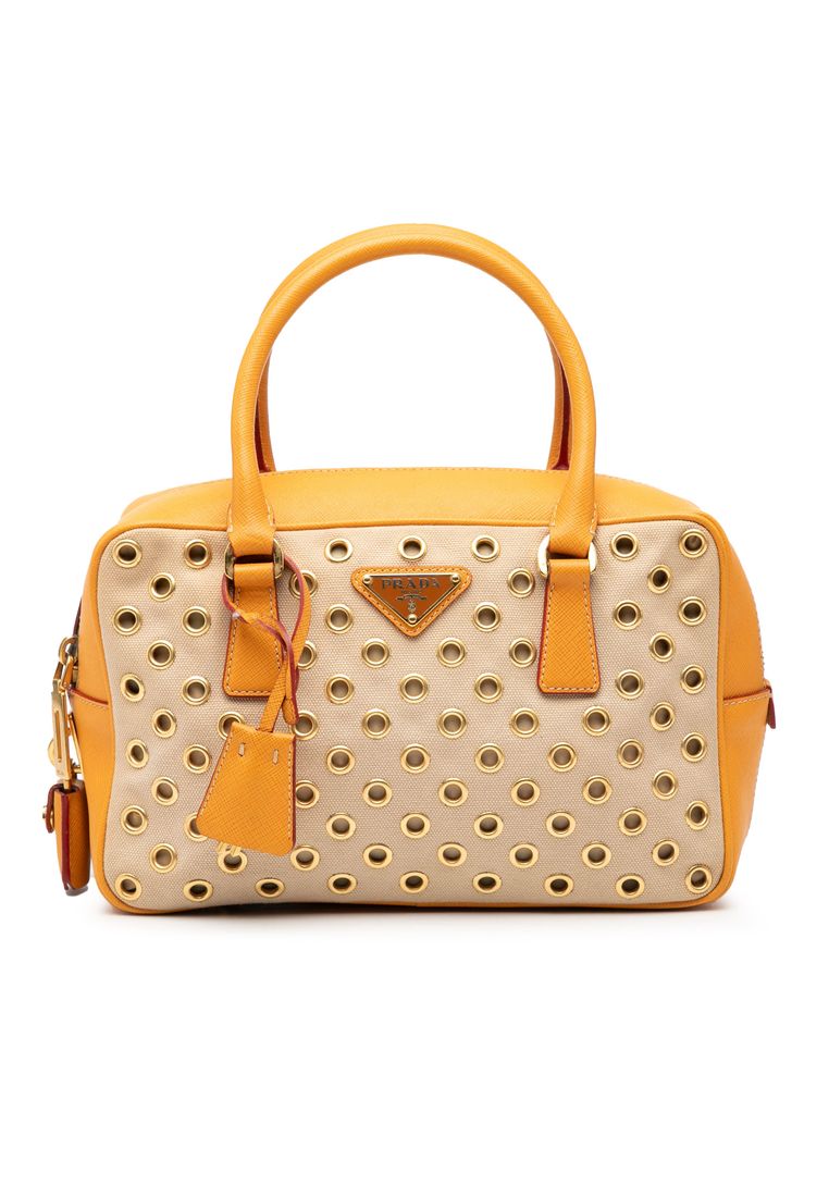 Prada Pre-Loved Prada Small Saffiano Trimmed Canvas Grommet Bauletto Bag