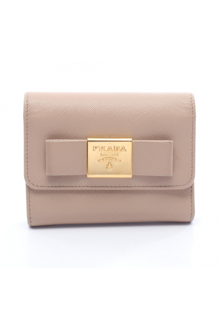 PRADA Pre-Loved Prada ribbon trifold wallet Saffiano leather beige