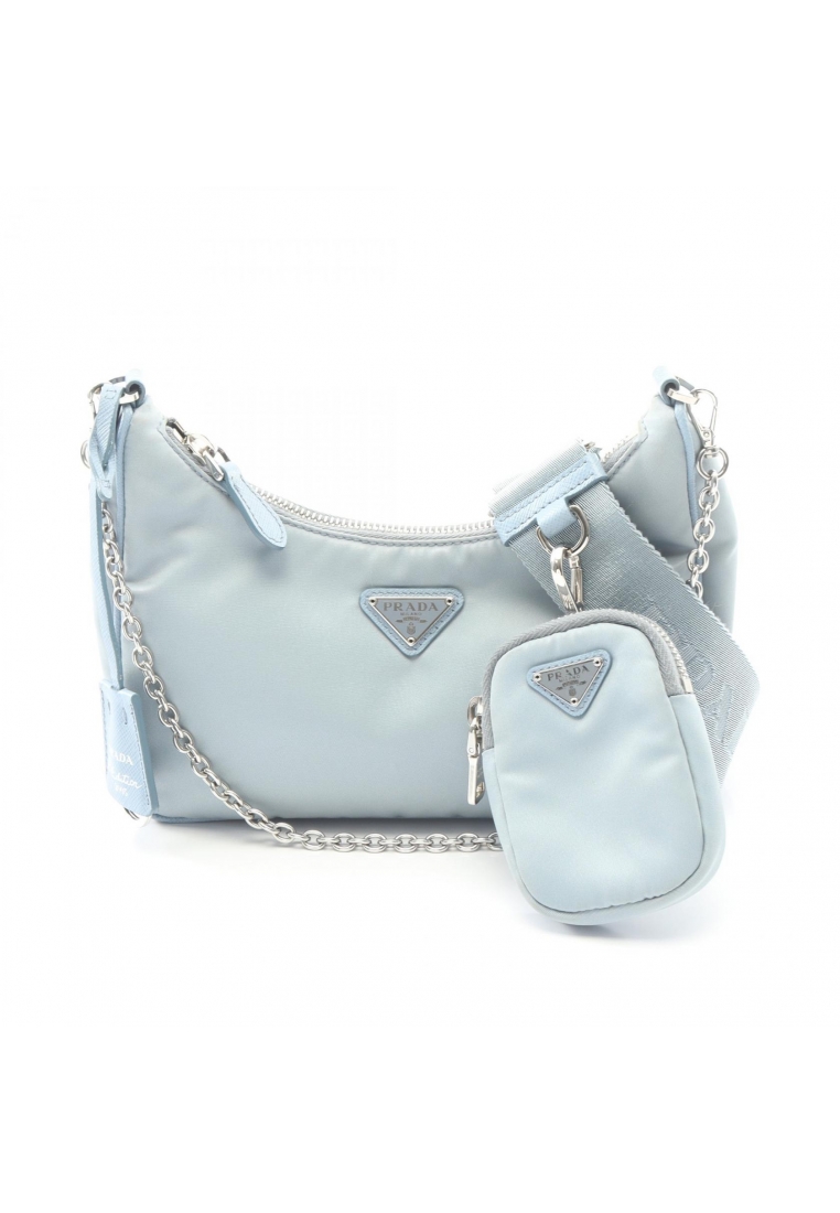 Prada Pre-Loved Prada Re-Edition 2005 chain shoulder bag Nylon Saffiano leather Light blue 2WAY