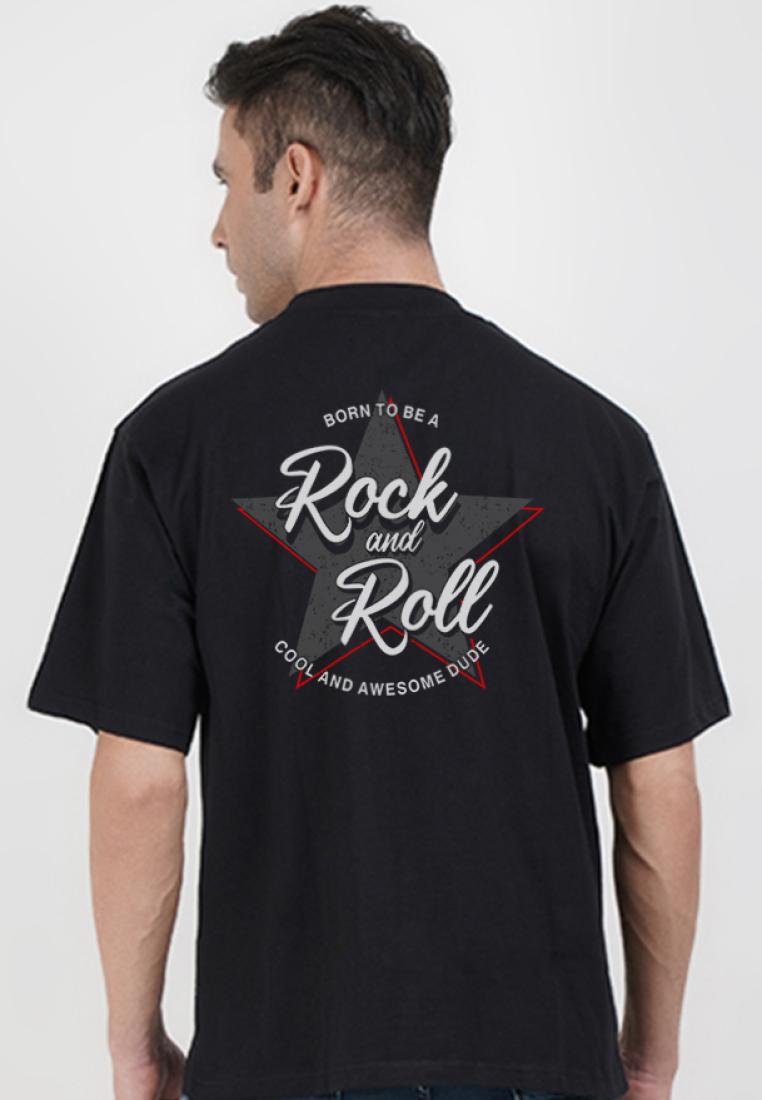 QuirkyT Oversized Rock And Roll Black Cotton Short Sleeve Crew Neck Relaxed Tee