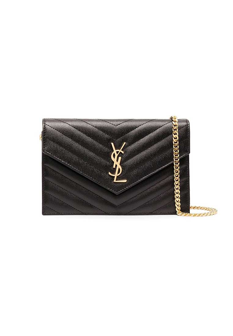 SAINT LAURENT YSL Matelasse Envelope Chain Wallet In Grain De Poudre Embossed Leather Black 857605BO