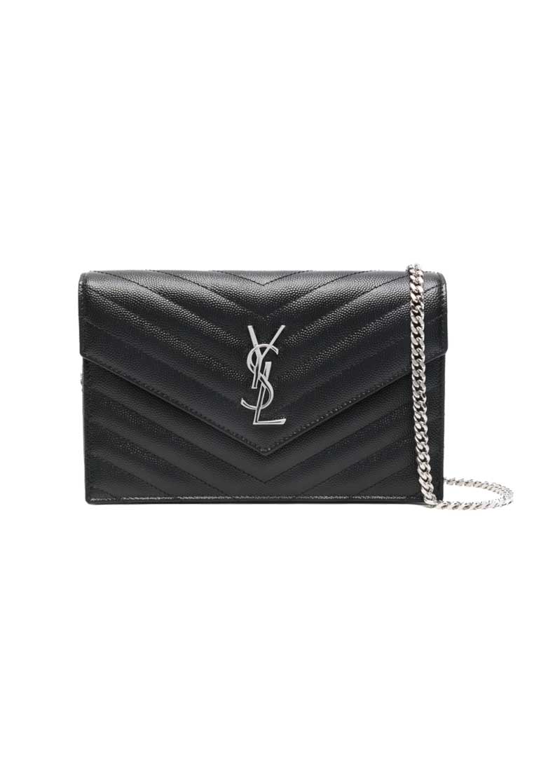 SAINT LAURENT YSL Matelasse Envelope Chain Wallet In Grain De Poudre Embossed Leather Black/Silver 8