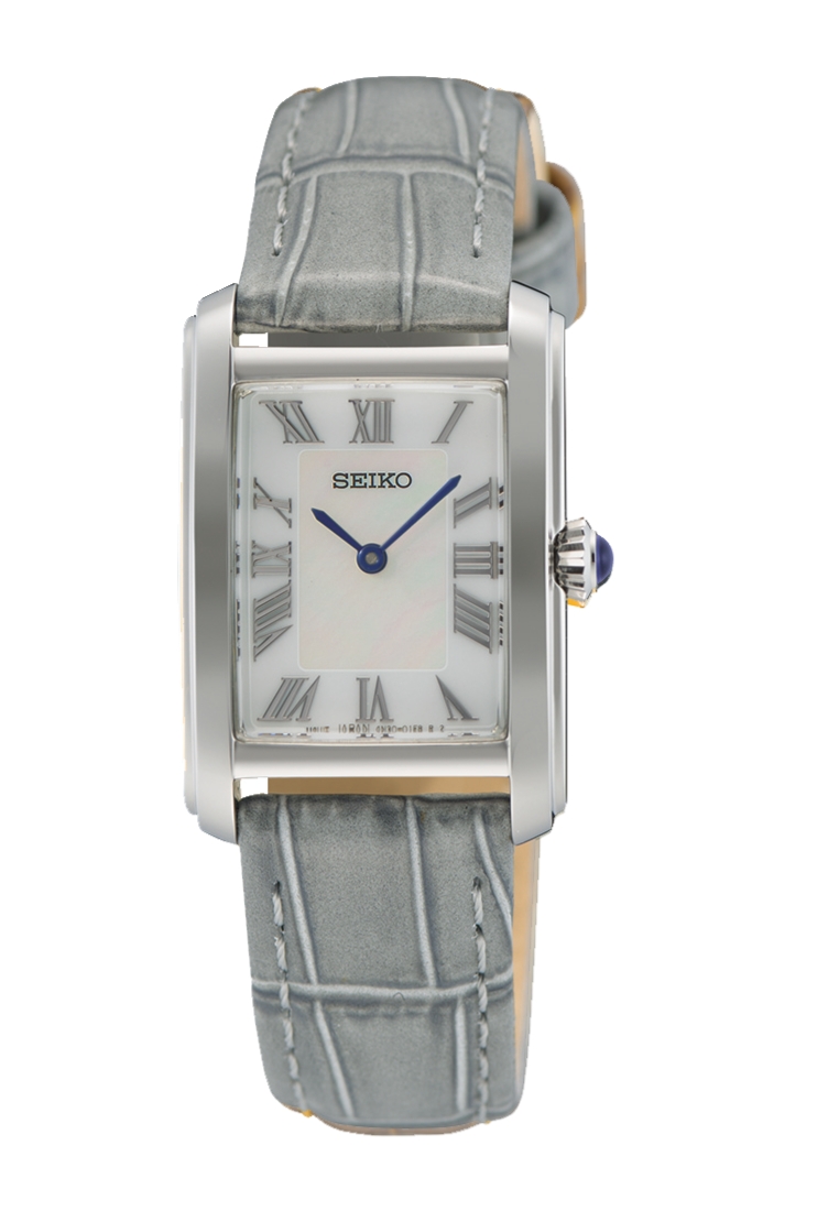 Seiko Seiko Essentials Collection Rectangular Case Mother-Of-Pearl Dial Light Grey Leather Band Quar