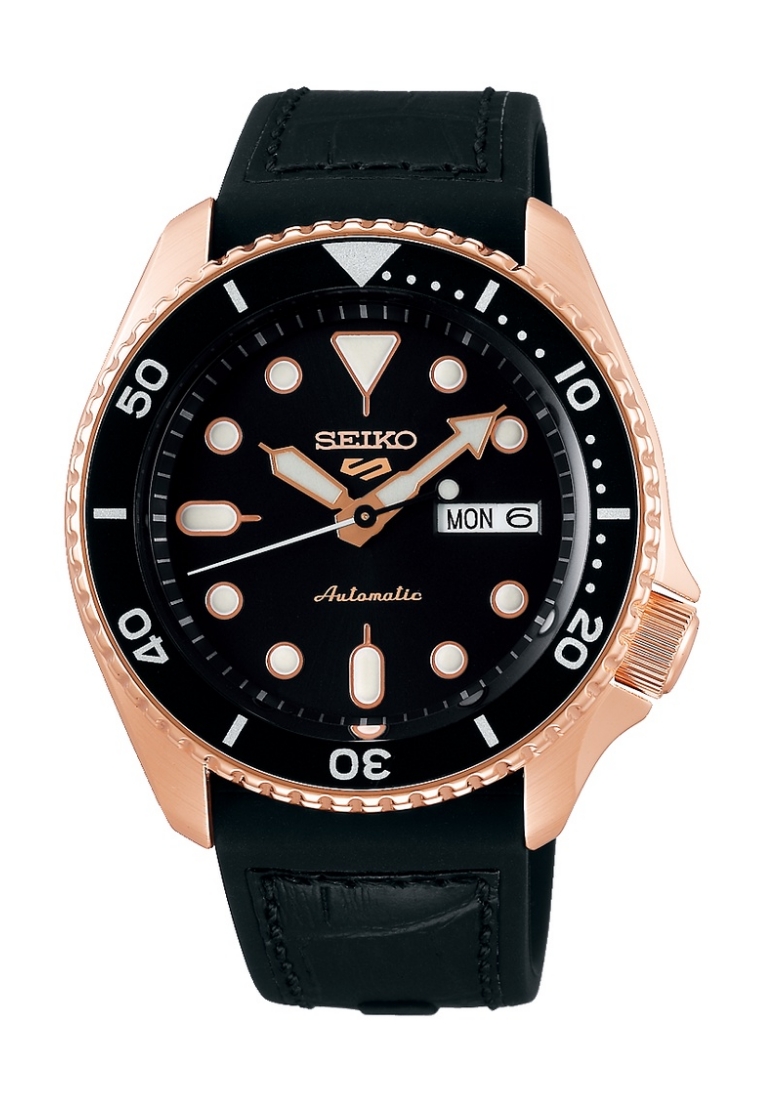 Seiko Seiko 5 Sports SKX Series Black Dial With Rose Gold Accents Black Silicone Band Automatic Watc