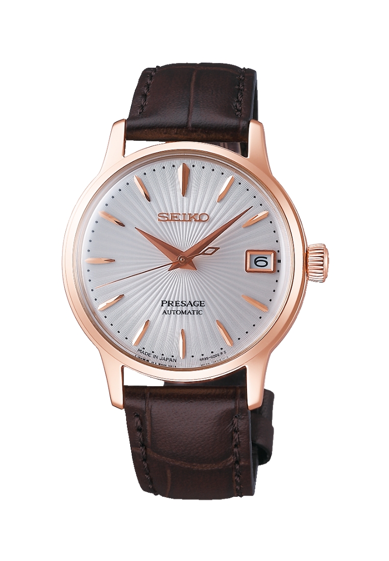 Seiko Seiko Presage Cocktail Time ‘Bellini’ Pale Pink Dial Brown Leather Band Automatic Watch SRP852