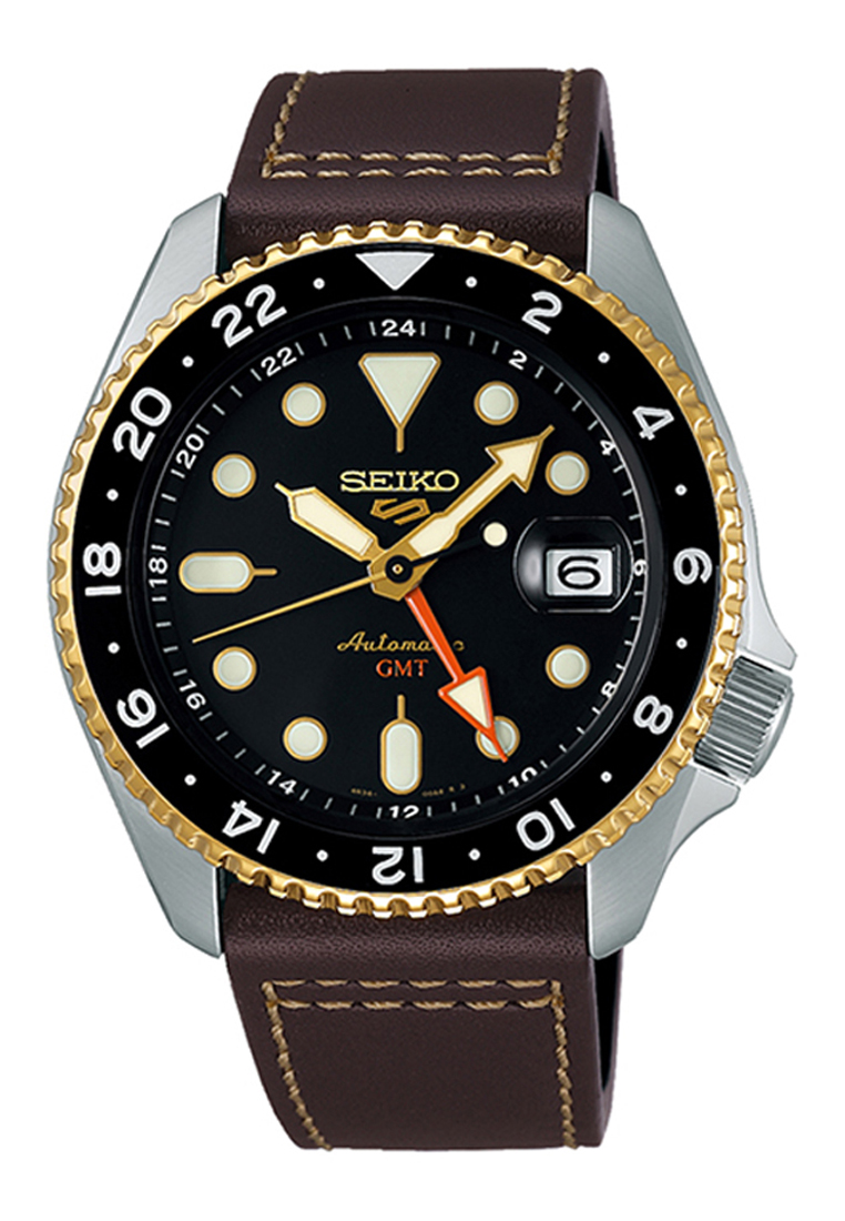 Seiko 5 Sports SKX Series SSK036K1 Men GMT Automatic Analog Watch Brown Leather Band
