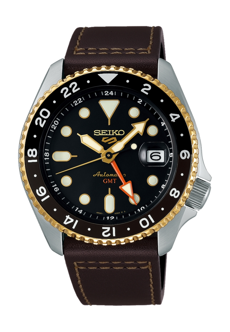 Seiko Seiko 5 Sports SKX GMT In Mocha Black Dial Dark Brown Calfskin Leather Band Automatic Watch SS