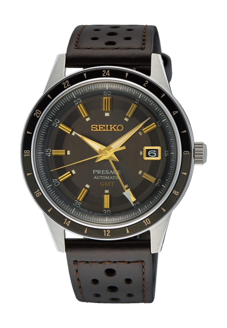 Seiko Seiko Presage ‘Fume’ Style 60s Road Trip GMT Dark Brown Dial Leather Band Automatic Watch SSK0