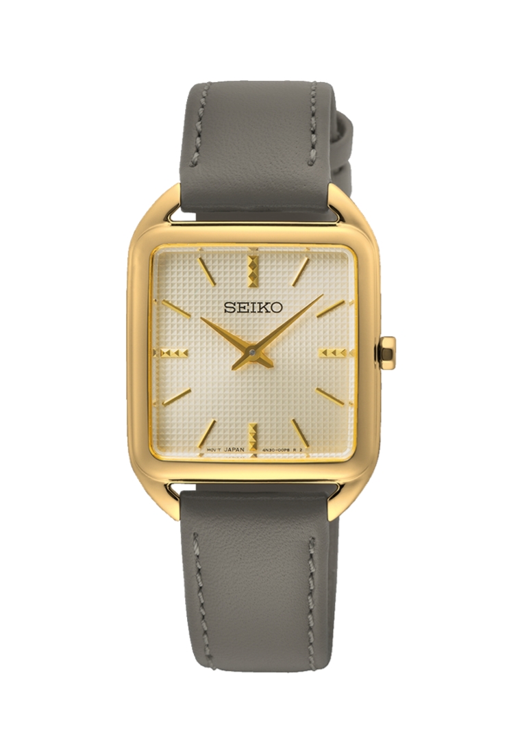 Seiko Seiko Lady Essentials Collection Square Case Champagne Dial Gray Leather Band Quartz Watch SWR