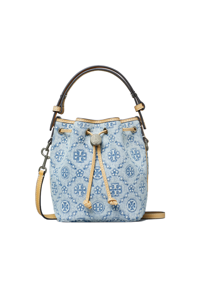 TORY BURCH Women's T Monogram Denim Mini Bucket Bag in Blue Color-Blocked 167761