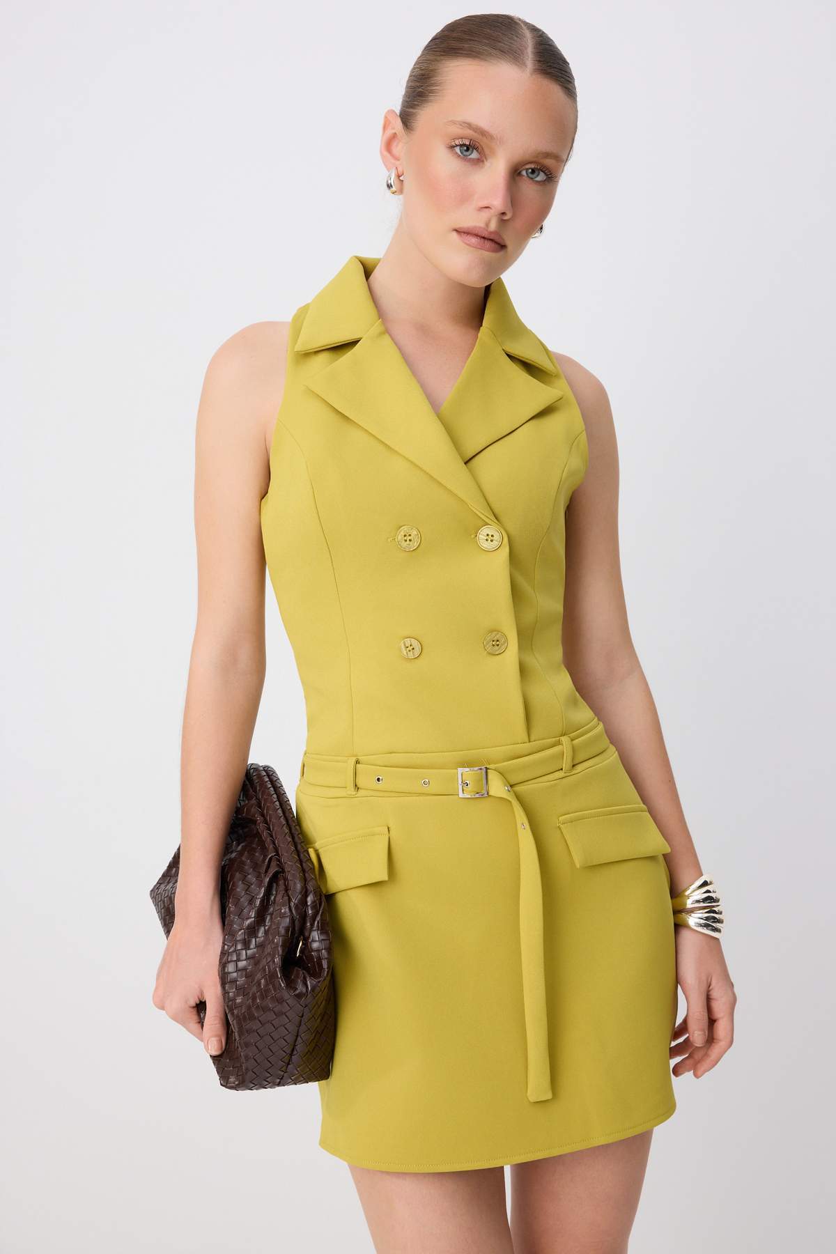 Trendyol Oil Green Jacket Collar A-Line/A Bell Shape Short / Mini Woven Dress