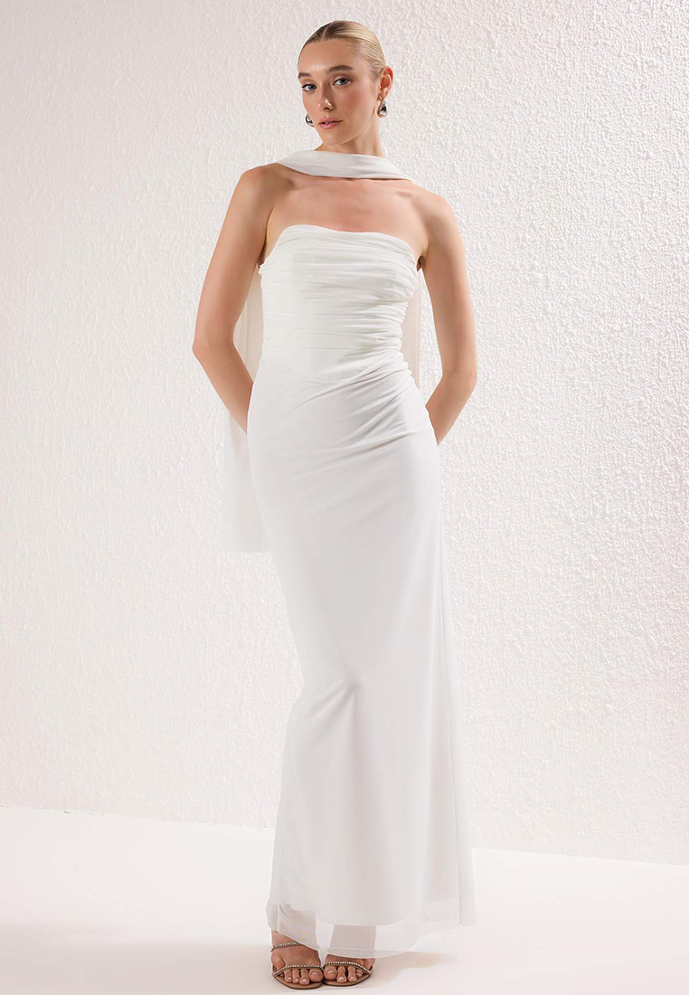 Trendyol White Scarf Tulle Knitted Maxi Evening Dress Night Graduation Dress