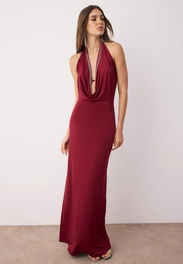 Trendyol Burgundy Degaje Collar Deep Decollete Shiny Stone Detail Evening Dress Evening Graduation D