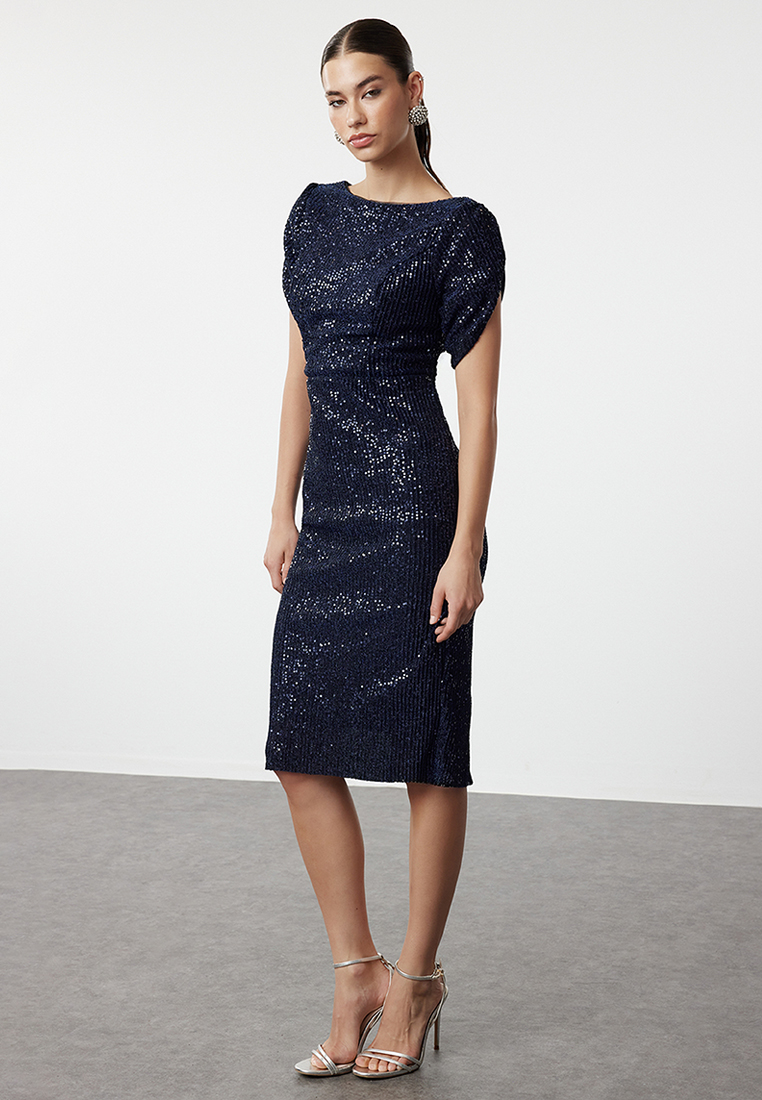 Trendyol Navy Blue Body Fitting Shiny Sequin Stylish Evening Dress Night Graduation Dress