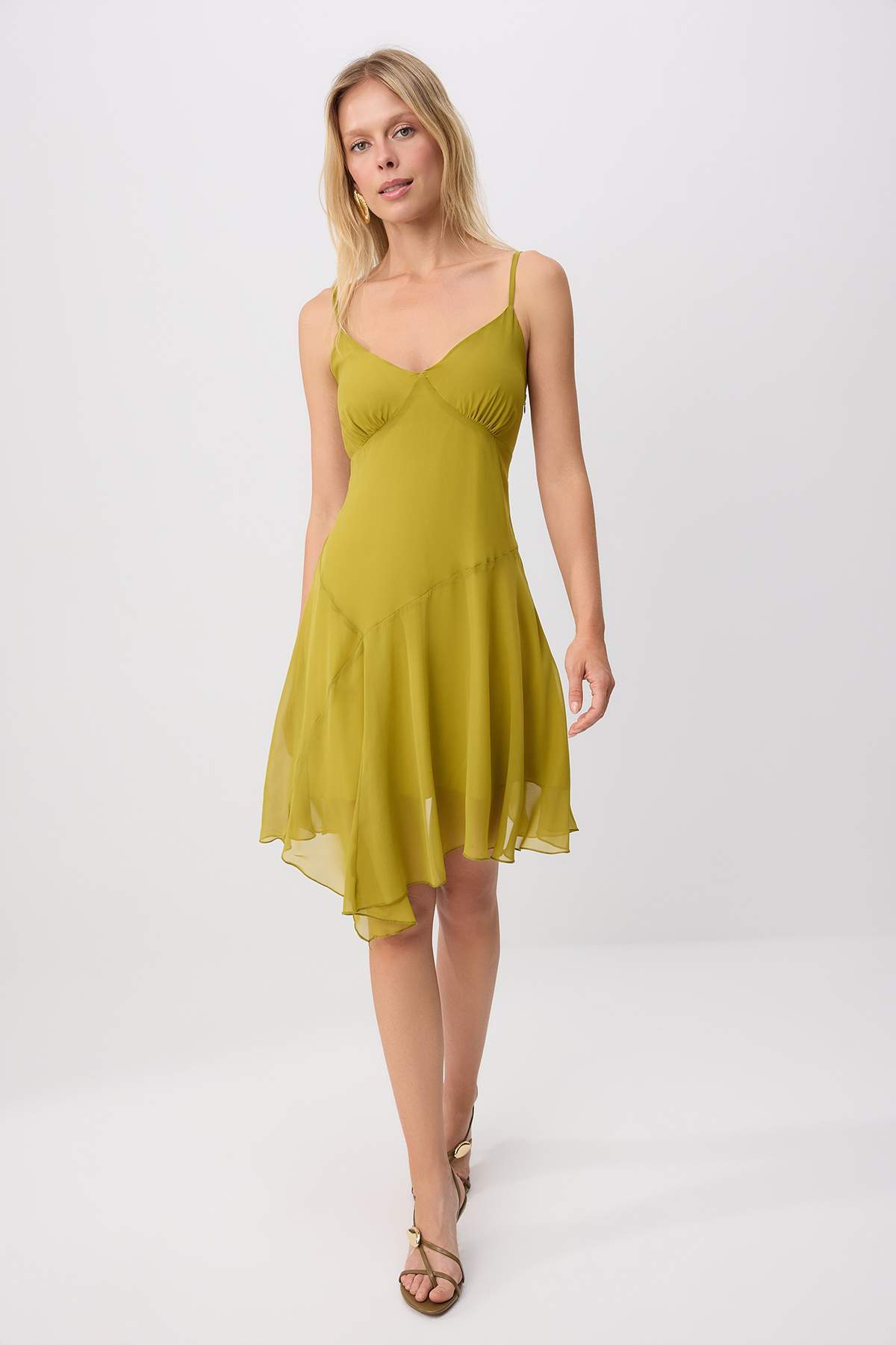Trendyol Oil Green Skirt Ruffle Detailed A-Line/ Bell Form Short / Mini Woven Chiffon Dress Twoss26E