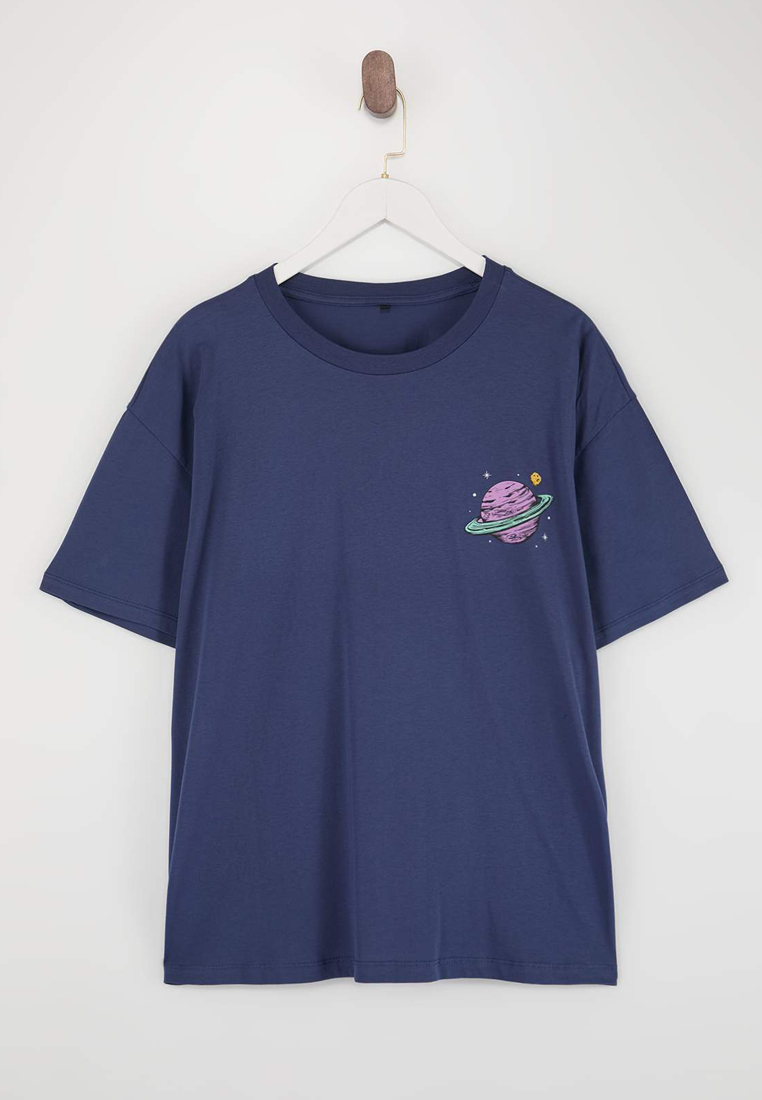 Trendyol Indigo Galaxy Printed Oversize Fit Large Size T-Shirt Tbbss25Bf00070