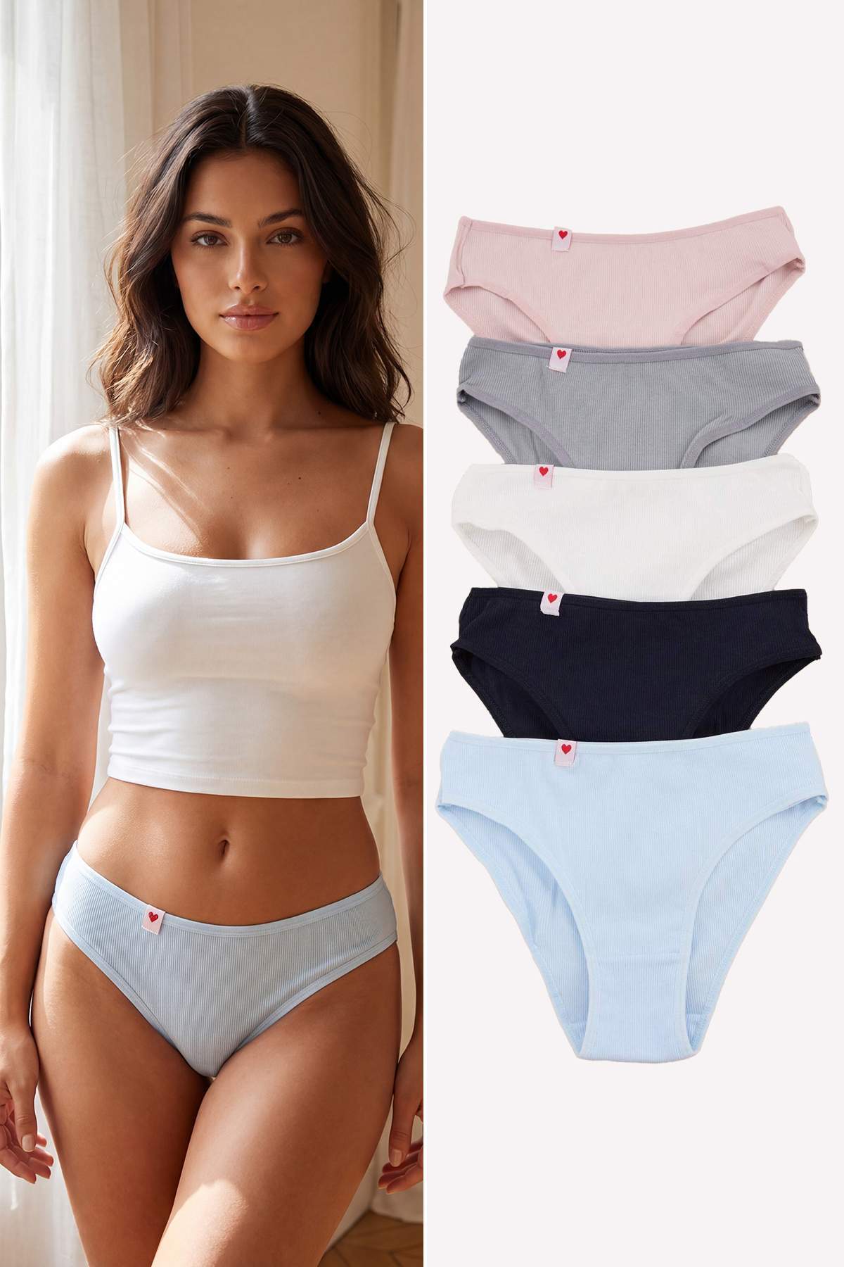 Trendyol Navy Blue-Multicolor 5-Piece Cotton Ribbed Heart Label Detailed Classic Knitted Panties Thm