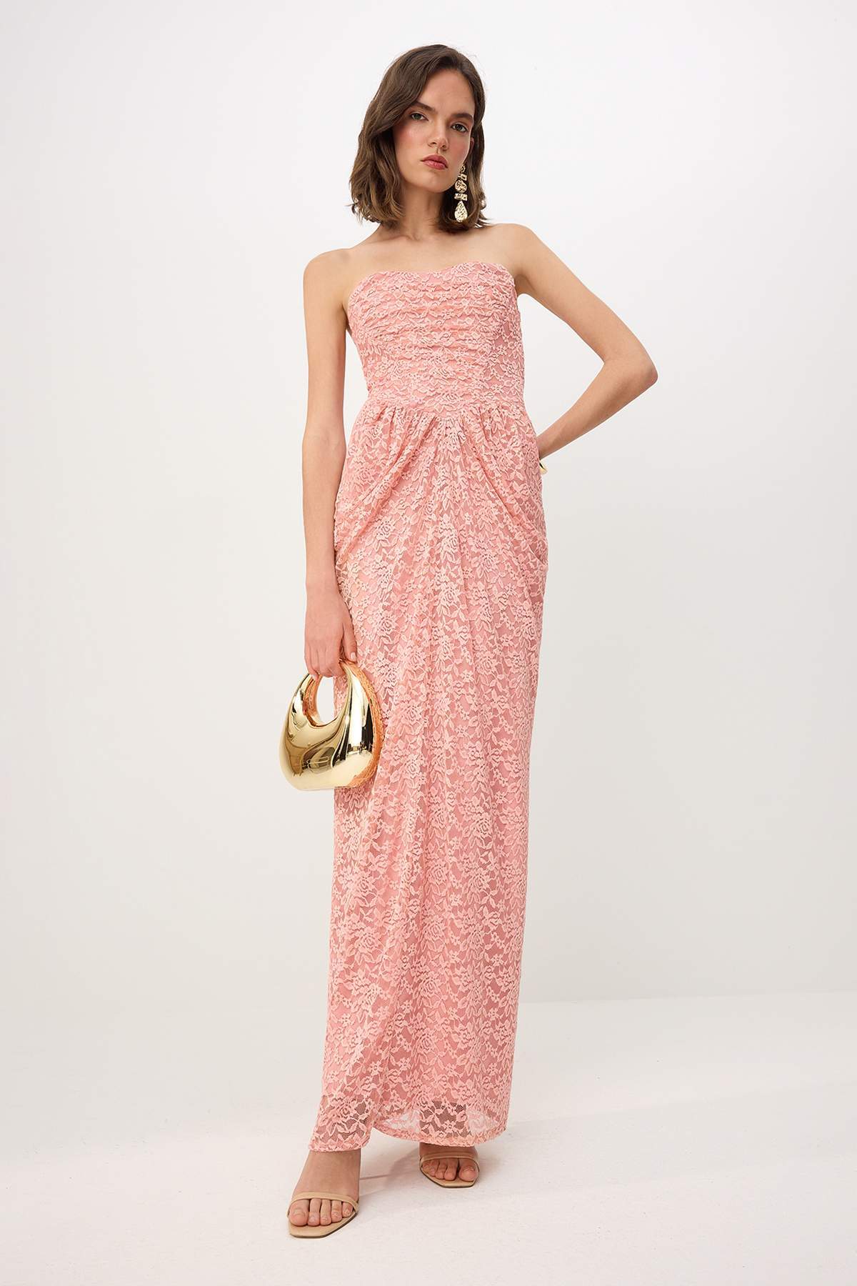 Trendyol Powder Textured Knitted Lace Maxi Evening Dress & Graduation Dress