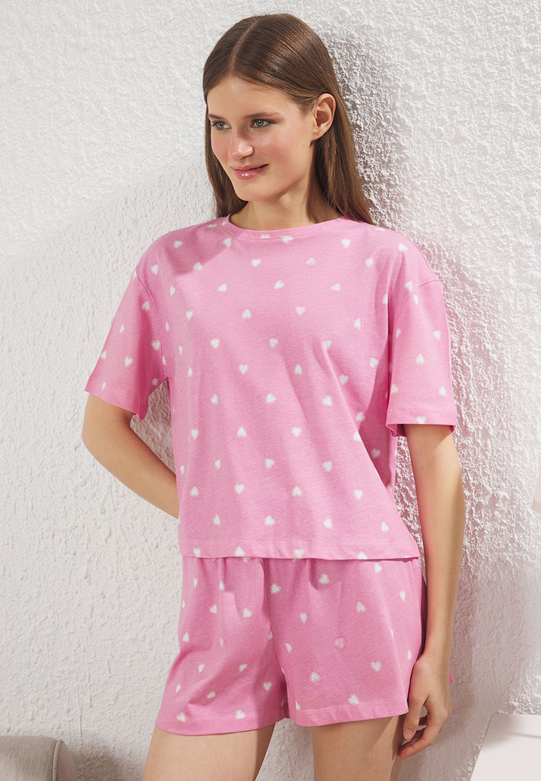 Trendyol Pink 100% Cotton Heart Shorts Knitted Pajamas Set Thmss24Pt00029