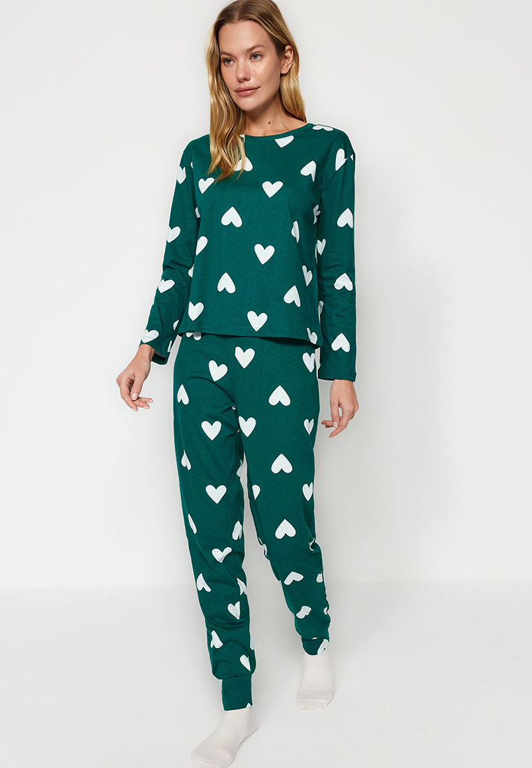 Trendyol Emerald Green 100% Cotton Heart Knitted Pajama Set THMAW21PT0566