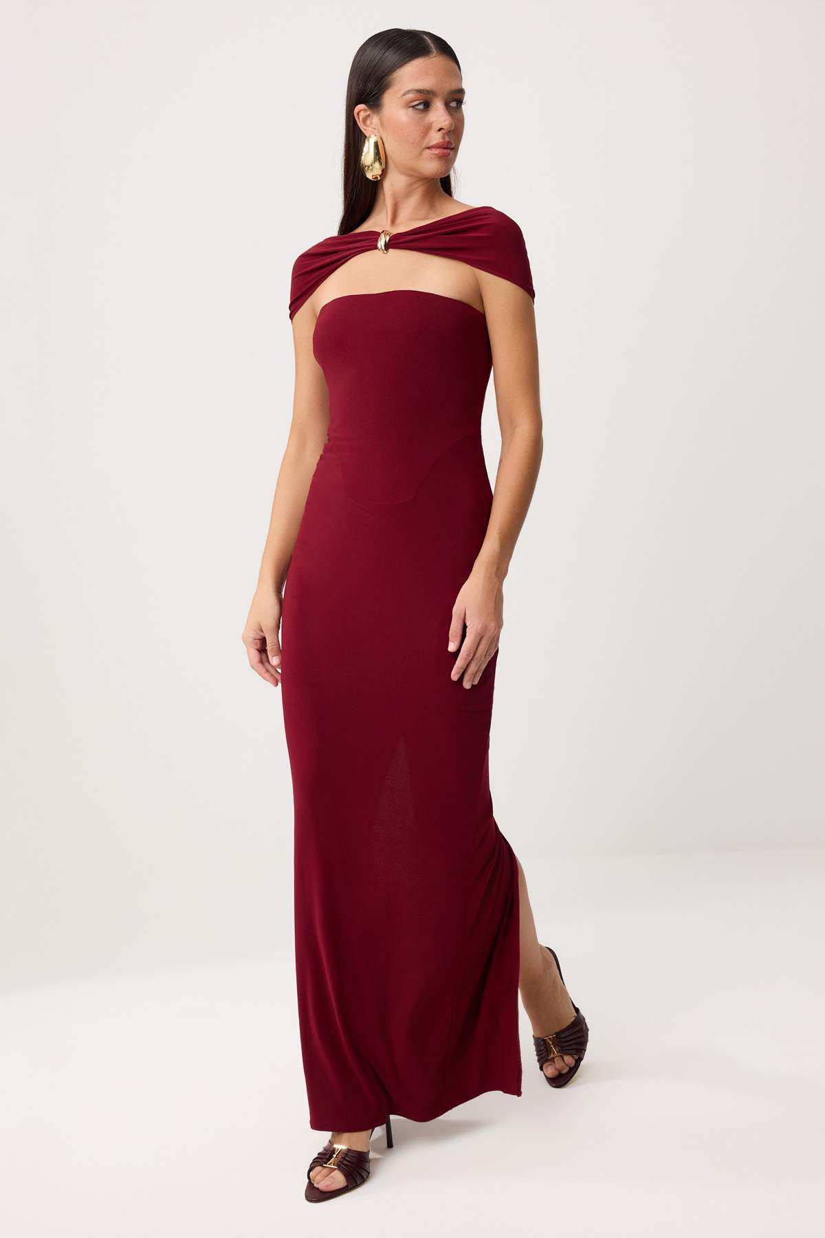 Trendyol Burgundy Plain Woven Sandy Maxi Evening Dress & Graduation Dress